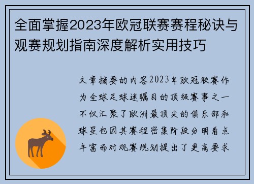 全面掌握2023年欧冠联赛赛程秘诀与观赛规划指南深度解析实用技巧