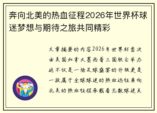 奔向北美的热血征程2026年世界杯球迷梦想与期待之旅共同精彩