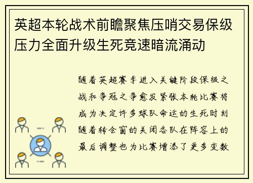 英超本轮战术前瞻聚焦压哨交易保级压力全面升级生死竞速暗流涌动
